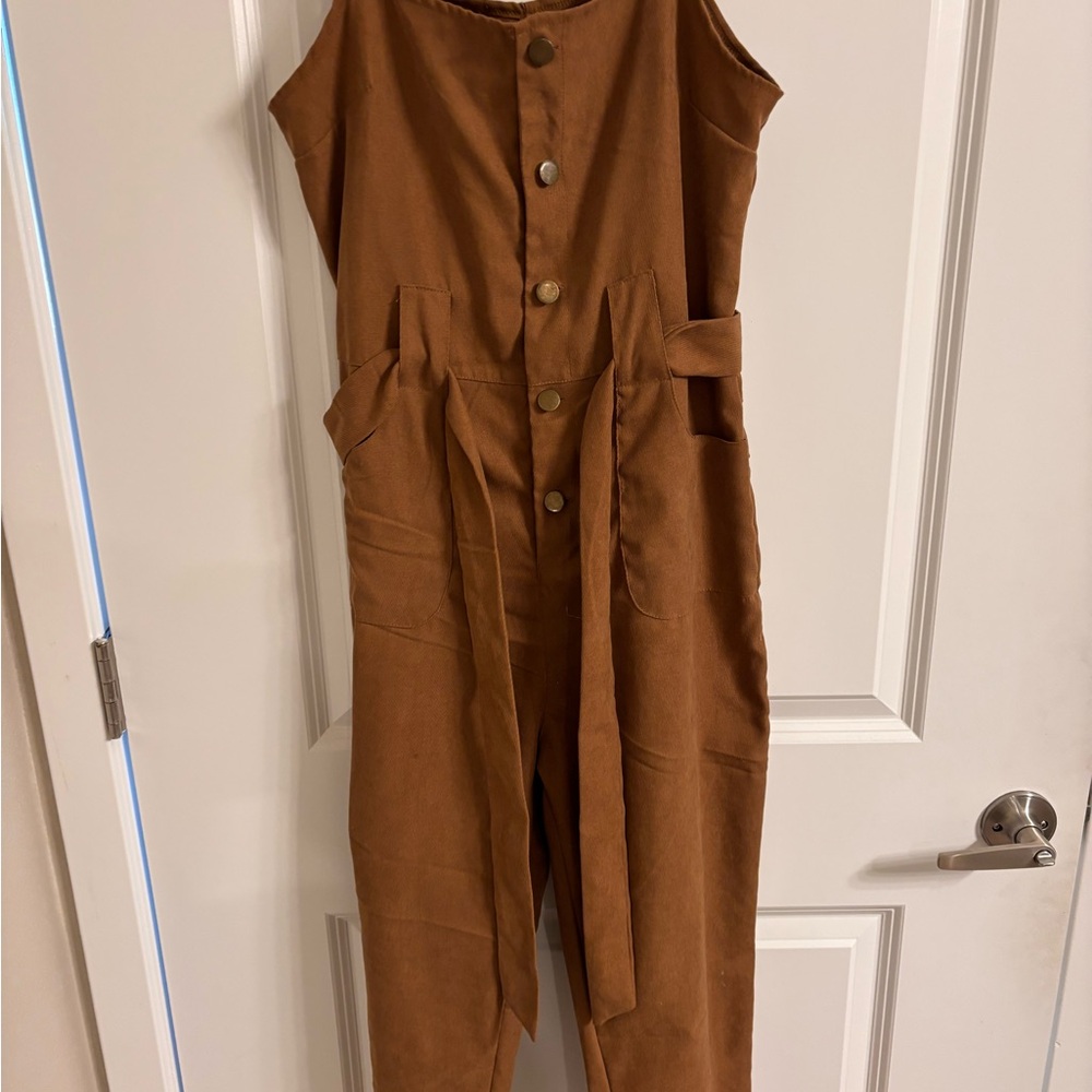 SHEIN Brown Button-Front Sleeveless Utility Jumpsuit